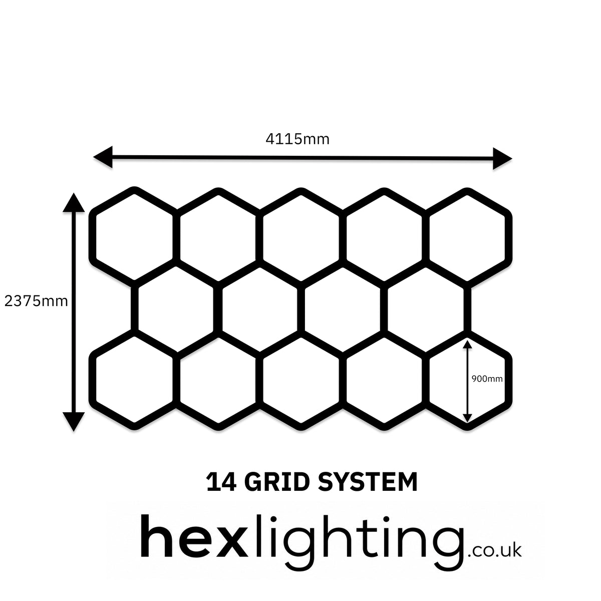 A black line drawing on a white background showing a hexagonal grid system with dimension arrows and labels: 4115mm across the top, 2375mm vertically, and a 900mm cell height. Text below reads '14 GRID SYSTEM' and 'hexlighting.