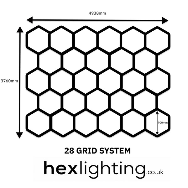 A black-and-white technical diagram showing a hexagonal grid pattern with dimension arrows and labels: 4938mm wide, 3760mm tall, and 900mm cell spacing. Text below reads '28 GRID SYSTEM' and 'hexlighting.
