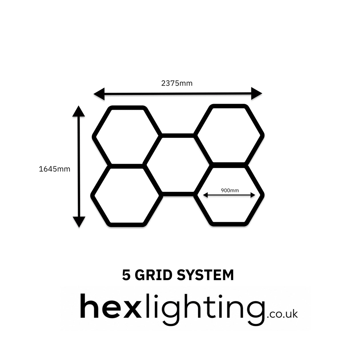 A black-and-white dimension diagram showing a 5-grid lighting system with measurements: 2375mm width, 1645mm height, and 900mm module spacing, plus the text '5 GRID SYSTEM' and 'hexlighting.co.